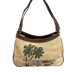 Etienne Aigner Straw Shoulder Bag Tote Beach Scene Embroidered Sequins Tropical
